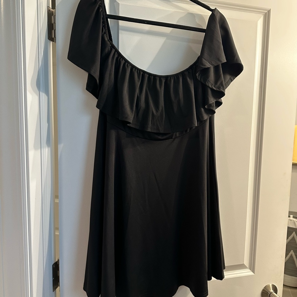 this is a fun off the shoulder little black dress
